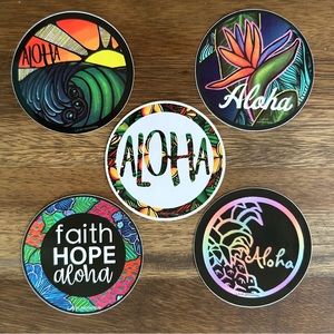 Lacey Artworks Pack of 5 Aloha Vinyl Stickers includes 5 different stickers